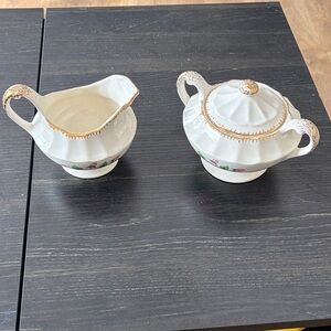 Cream and Gold Porcelain Sugar and Creamer Set
